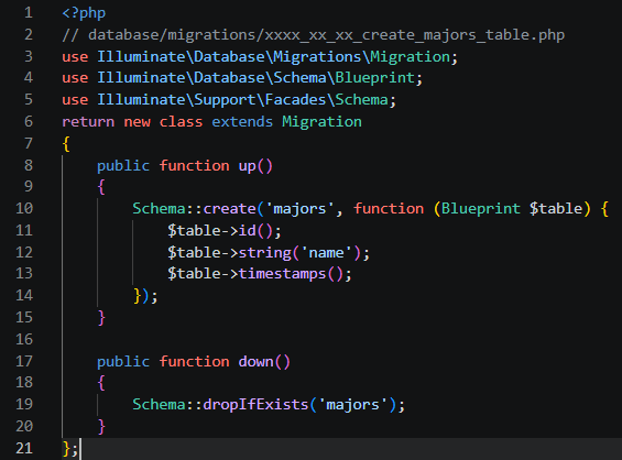 Kode migration tabel majors